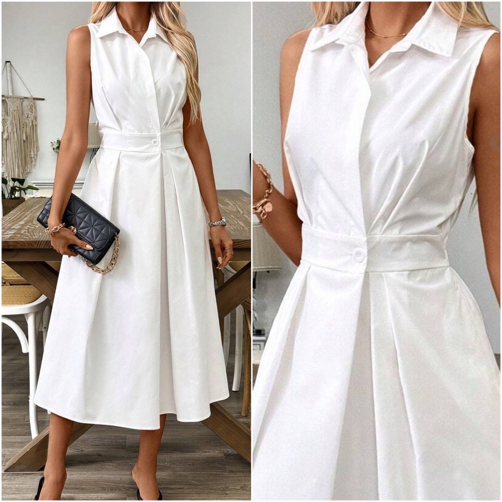 Classic White Sleeveless Button Flared Dress